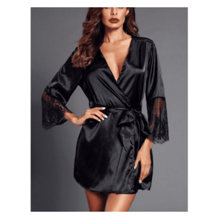 LSFYSZD Women Silk Satin Nightdress V Neck Lace Patchwork Sleeve Belt Nightwear