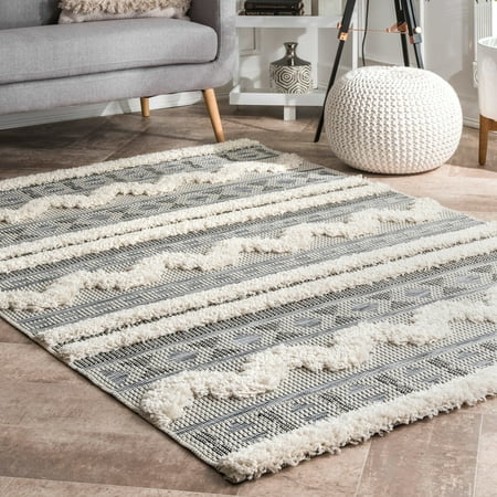 High Low Casual Geometric Tribal Mandilana Striped Shaggy Area Rug