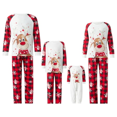 

CAITZR Christmas Pajamas Cute Elk Print Long Sleeve Tops + Snowman Snowflake Print Plaid Pants PJS Set