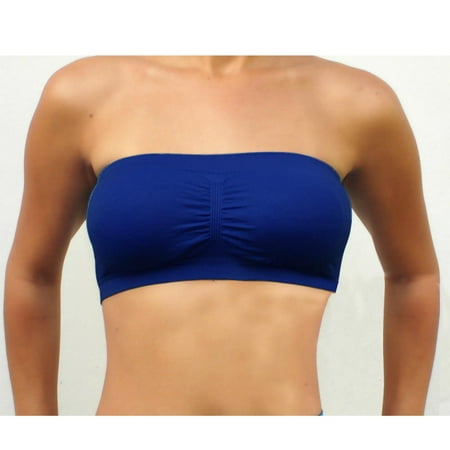 Womens Strapless Padded Bra Bandeau Tube Top Removable Pads Seamless Crop Blue
