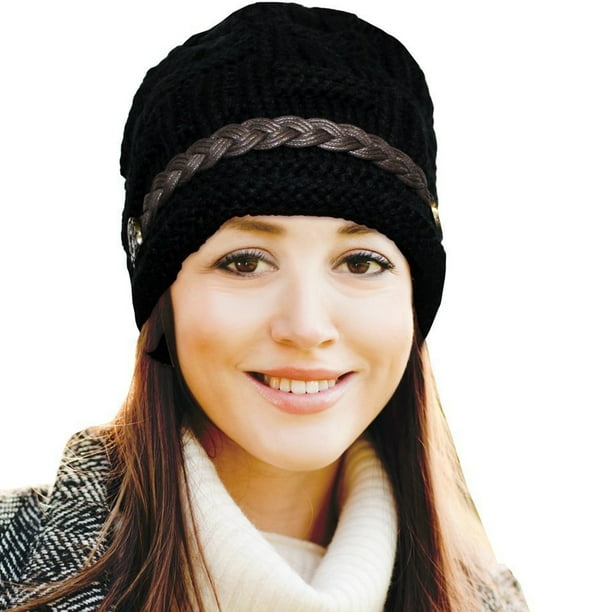 Top-Premium Women's Knitted Beanie Head Cap Leather Headwear Hats (Black)