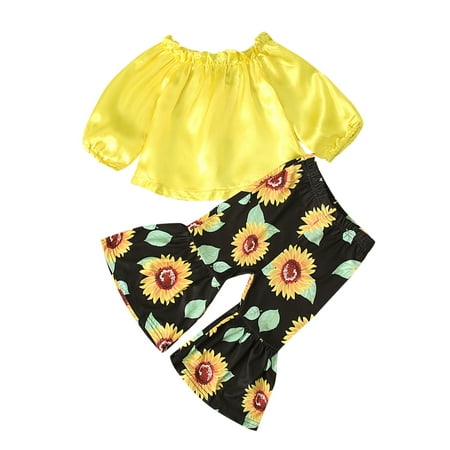 

Hunpta Toddler Girls Summer Set Solid Off Shoulder Tops Sunflowers Print Pants Flared Trousers Set Casual Clothes Outfits 4Y