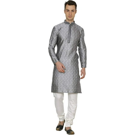 Royal Kurta Mens Jacquard Silk Floral Print Fancy Kurta Churidar Grey