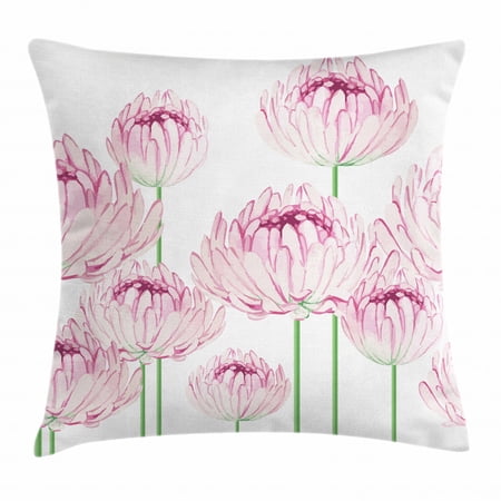 Floral Throw Pillow Cushion Cover, Romantic Watercolor with Tender Peony Flowers in Bloom Botanical Theme, Decorative Square Accent Pillow Case, 16 X 16 Inches, Pale Pink and Green, by Ambesonne