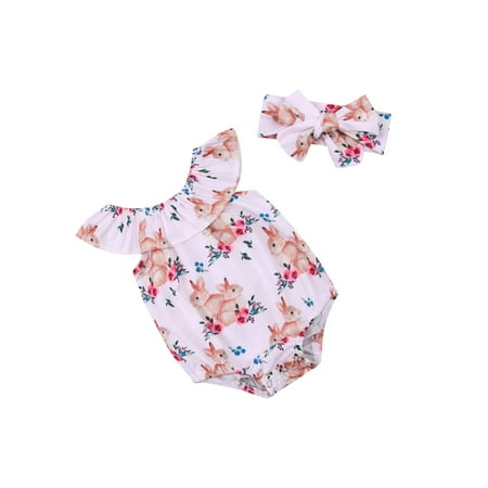 Carolilly Baby Girl s Two Piece Set Infant s Easter Rabbit Printing Ruffled Collar Romper