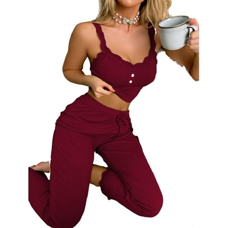 

2pcs Set Casual PJ Pant Sets Sleeveless Burgundy Women s Pajama Sets (Women s)