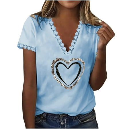 Heart T-Shirt for Women Floral Lace Trim V Neck Short Sleeve Shirts Summer Casual Tops Soft Loose Comfy Pullover
Heart T-Shirt for Women Floral Lace Trim V Neck Short Sleeve Shirts Summer Casual Tops Soft Loose Comfy Pullover