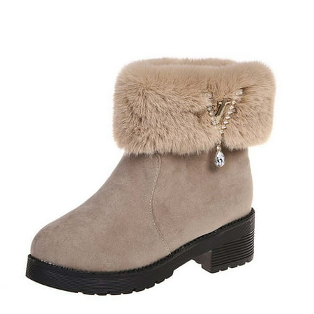 Women Snow Boots Fashion Side Zipper Winter Warm Plush Ankle Booties Chunky Heel Round Toe Non-Slip Ski Shoes Boot