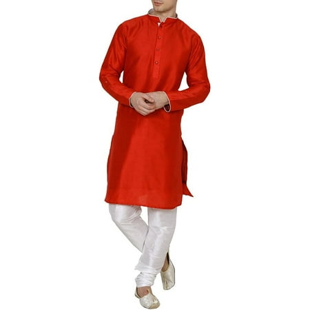 Royal Kurta Men s Dupion Silk Contrast Piping Kurta Churidar Red