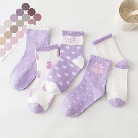 5pairs Purple Bowknot Pineapple Girls Socks Cotton Kids Crew Socks