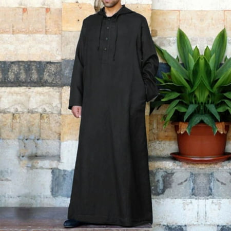 WNG Men s Casual Solid Hooded Robe Long Sleeve Button Pocket Jubba Thobe