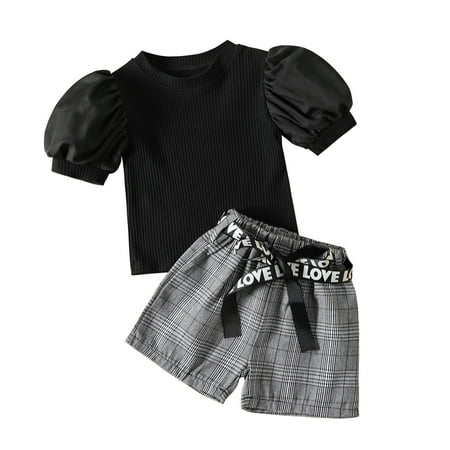 Toddler Kids Baby Girls Outfit Set Short Puff Sleeve Ribbed T Shirt Tops Plaid Shorts Pants 2Pcs Outfits Clothes Set With Belt