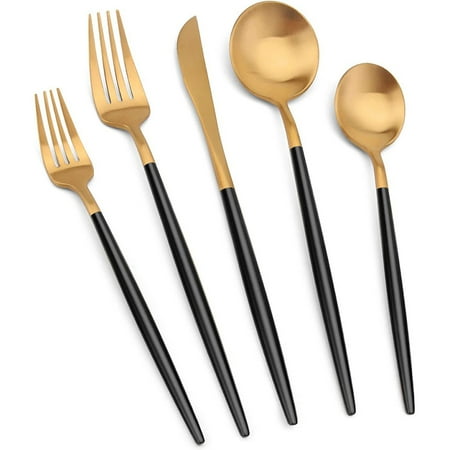 Matte Gold Silverware Set With Black Handle 30 Piece Stainless Steel Cutlery Flatware Set Kitchen Utensil Sets For 6 Tableware With Knife Spoons And Forks Set Satin Finished Polished
Matte Gold Silverware Set With Black Handle 30 Piece Stainless Steel Cutlery Flatware Set Kitchen Utensil Sets For 6 Tableware With Knife Spoons And Forks Set Satin Finished Polished