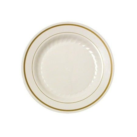 Gold Splendor 10 1/4 Ivory Dinner Plastic Plates w/ Gold Band 12ct.