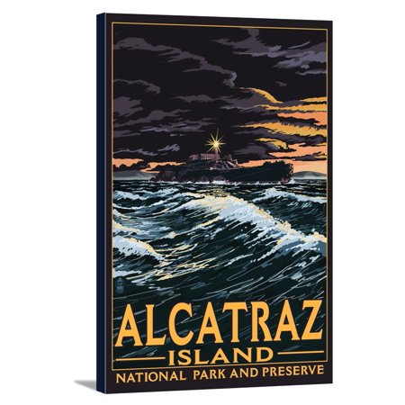 San Francisco, California - Alcatraz Island Night Scene - Lantern Press Artwork (12x18 Gallery Wrapped Stretched Canvas)