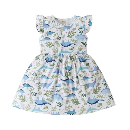 Toddler Girls Casual Fly Sleeve Cartoon Dinosaur Printed Princess Dress