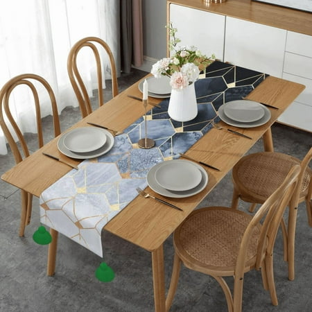 Blue Hexagons And Diamonds Table Runner Imitation Linen Table Runner With Green Tassels For Party And Dining Room 14 x 60 
Blue Hexagons And Diamonds Table Runner Imitation Linen Table Runner With Green Tassels For Party And Dining Room 14 x 60