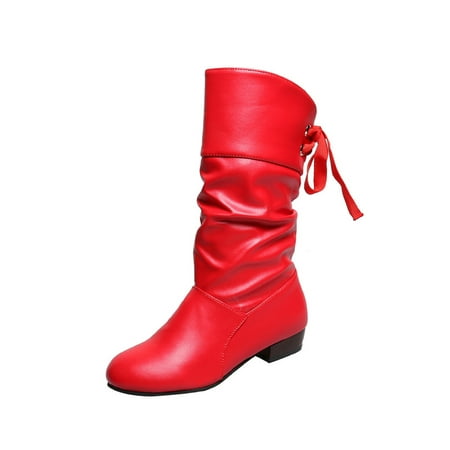 

Kesitin Winter Boots for Women Ladies Faux Leather Knee High Boots Chunky Block Heel White Boot Mid Calf Red 6.5