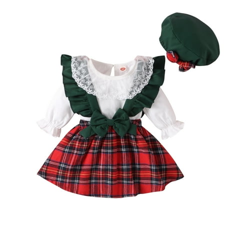 HBYJLZYG Lace Doll Collar Romper And Plaid Suspender Skirt With Hat Suit Christmas New Year Long Sleeve Raglan Dress Set Suitable For 3 Months-2 Years Old
HBYJLZYG Lace Doll Collar Romper And Plaid Suspender Skirt With Hat Suit Christmas New Year Long Sleeve Raglan Dress Set Suitable For 3 Months-2 Years Old