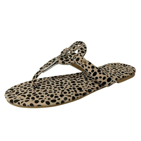 slipper for Women Fashion Summer Women Slippers Flat Casual Leopard Print Clip Toe Hollow Out Breathable PU Dress Sandals for Women Brown
