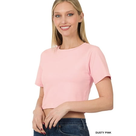 Zenana Women s Short Sleeve Round Neck Cropped Tee Shirts Top (S-XL)
