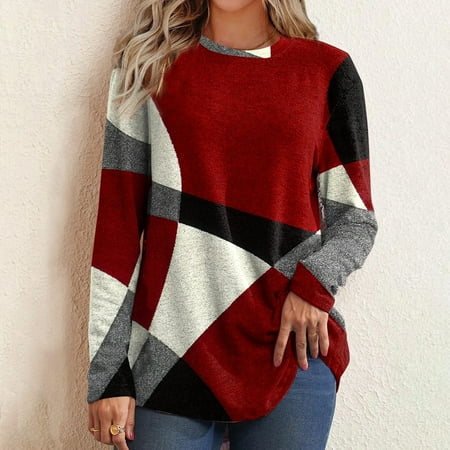 Yohome Women s Thin Geometric Contrast French Cashmere Long Sleeve Print Loose