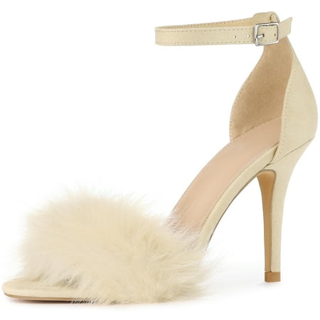 Unique Bargains Women s Faux Fur Ankle Strap Stiletto Heels Sandals