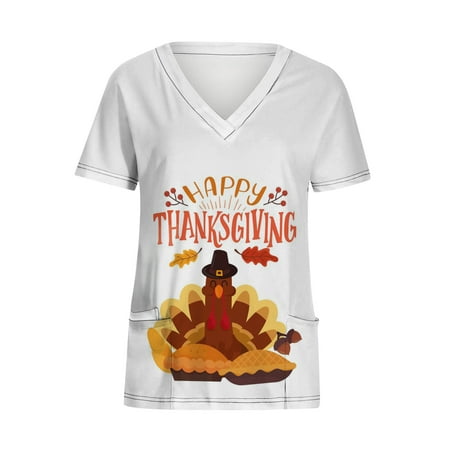 

Lolmot Thanksgiving Scrubs for Women Short Sleeve Graphic Tees Nursing Workwear Funny Turkey Print V-Neck Tshirt Blouse Holiday Medical Srcub Tops With Pockets on Clearance