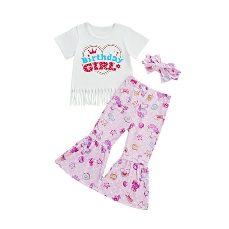 Frobukio Kids Toddler Girls 3Pcs Clothes Suit Letter Print Tassel Hem T-shirt + Cake Print Flared Pants + Headband White Pink 18-24 Months
Frobukio Kids Toddler Girls 3Pcs Clothes Suit Letter Print Tassel Hem T-shirt + Cake Print Flared Pants + Headband White Pink 18-24 Months