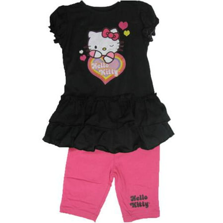 Hello Kitty Little Girls Black Pink Ruffle Short Sleeved 2 Pc Capri Set 4-6X
