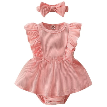 Bslissey Infant Girls Summer Romper Dress 3M 6M 12M 18M Baby Girl Ruffled Sleeveless Crew Neck Ribbed Bodysuit Newborn Cute Solid Color A-line Dress with Bow Headband
Bslissey Infant Girls Summer Romper Dress 3M 6M 12M 18M Baby Girl Ruffled Sleeveless Crew Neck Ribbed Bodysuit Newborn Cute Solid Color A-line Dress with Bow Headband
