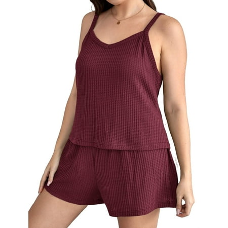 Solid V neck Short Sets Sleeveless Burgundy Plus Pajama Sets (Women s)