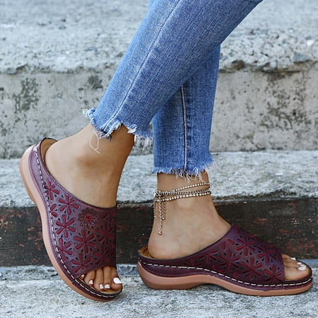 YTJX Women Summer Slip-On Wedges Beach Open Toe Breathable Sandals Embroidery Shoes