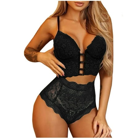 

VERUGU Lingerie Sets for Women Sexy Lace Wireless Strap Bra Alluring Seductive Hollow Out Underpants Set Intimate Underwear Black XXL