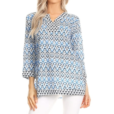 Sakkas Oana 3/4 Sleeve Split Neck Tribal Print Tunic - Sky Blue - Small