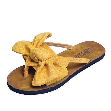 VKEKIEO Flat Toe Womens Slippers Flat Heel Buckle Bow Yellow 41