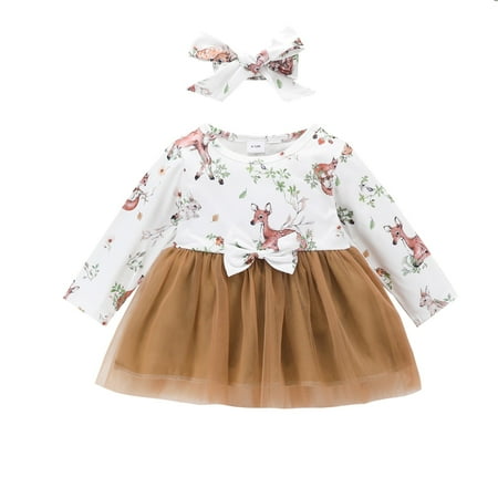 

Qufokar Long Girl Dress mas Baby Dress Girls Long Sleeve Deer Prints Tulle Dresses Toddler Princess Dress Headbands Set