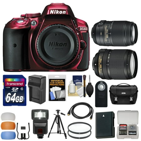 Nikon D5300 Digital SLR Camera Body (Red) with 18-140mm VR & 55-300mm VR Zoom Lens + 64GB Card + Case + Flash Kit