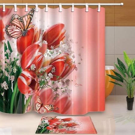 ARTJIA Flowers Decor Butterfly Sleep on Flower Shower Curtain 66x72 inches with Floor Doormat Bath Rugs 15.7x23.6 inches