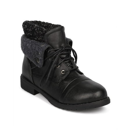 Women Leatherette Sweater Fold Over Snap Combat Bootie 19626