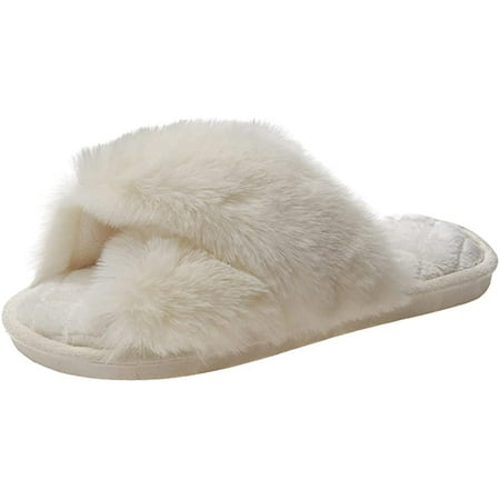 PIKADINGNIS Womens Faux Fur Slippers Cross Band Warm Fuzzy Flip Flop House Slippers Open Toe Home Slippers for Girls