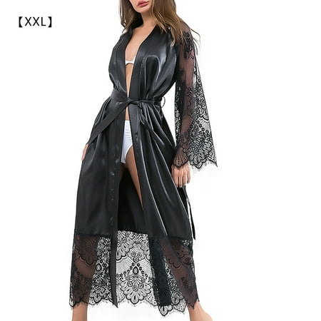 Women Sexy Lace Long Robe Sleepwear Nightwear Bathrobe Nightdress Black XXL
