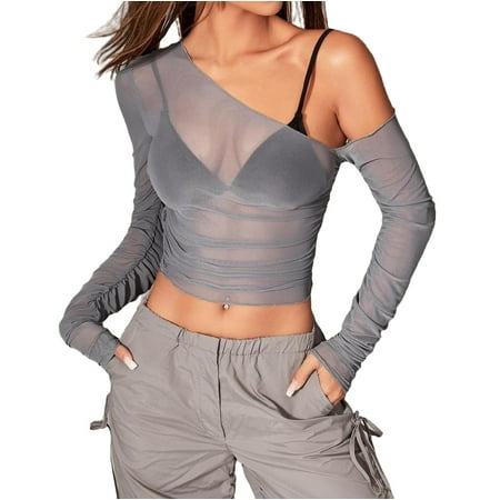Women s Tops Sexy Solid Asymmetrical Neck Without Bra Grey M