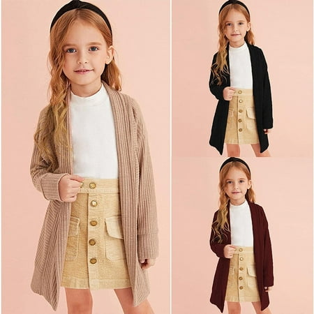 2022 Toddler Baby Girl Knitted Sweater Long Sleeve Cardigan Open Front Coats Fall Winter Kids Solid Long Jacket