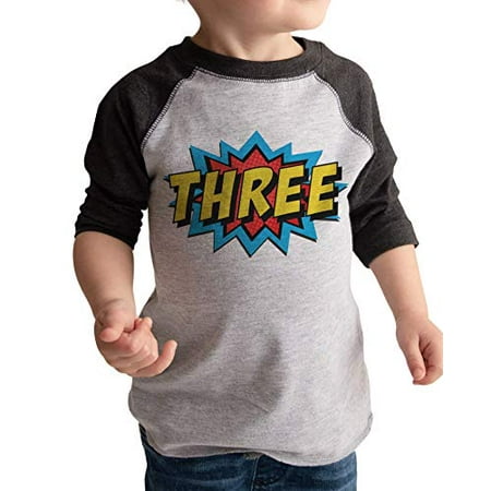 7 ate 9 Apparel Boy s Birthday Three Superhero Grey Raglan