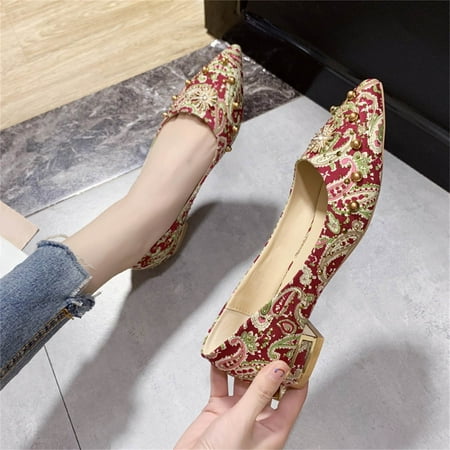Cathalem Hot Heels for Women Fashion Summer And Autumn Women Pumps Low Heeled Flat Pointed Toe Pearl Womens Shoes Wedges Red 8