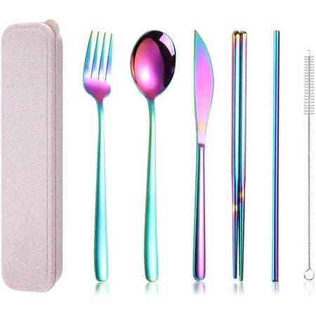 6 Pieces Stainless Steel Flatware Set Portable Reusable Cutlery Set Travel Utensils Set Including Chopsticks Knife Fork