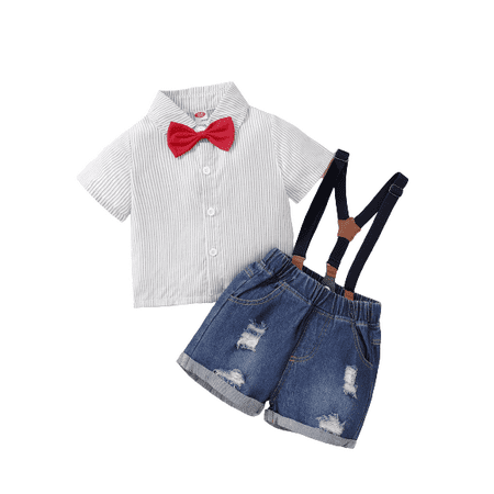 Kucnuzki 9 Months Baby Boy Summer Outfits Shorts Sets 12 Months Short Sleeve Stripe Prints Lapel Shirt Tops Suspender Denim Shorts 2PCS Set White