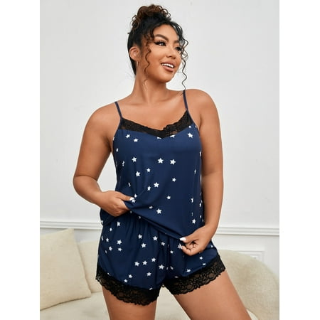 Women s Plus Star Print Contrast Lace Trim Cami Pajama Set 2XL(16) Navy Blue Elegant F22001D
Women s Plus Star Print Contrast Lace Trim Cami Pajama Set 2XL(16) Navy Blue Elegant F22001D