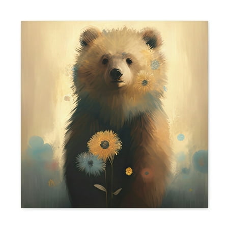 Barbara J Bear and Yellow Flowers 24” x 24” Cotton Canvas Wall Decor Digital Print